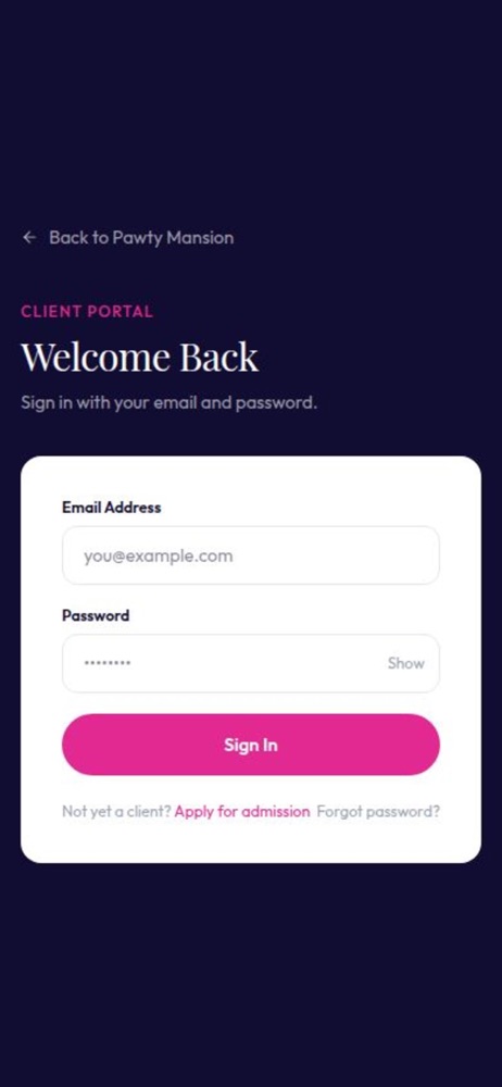 Pawty Mansion Client Portal